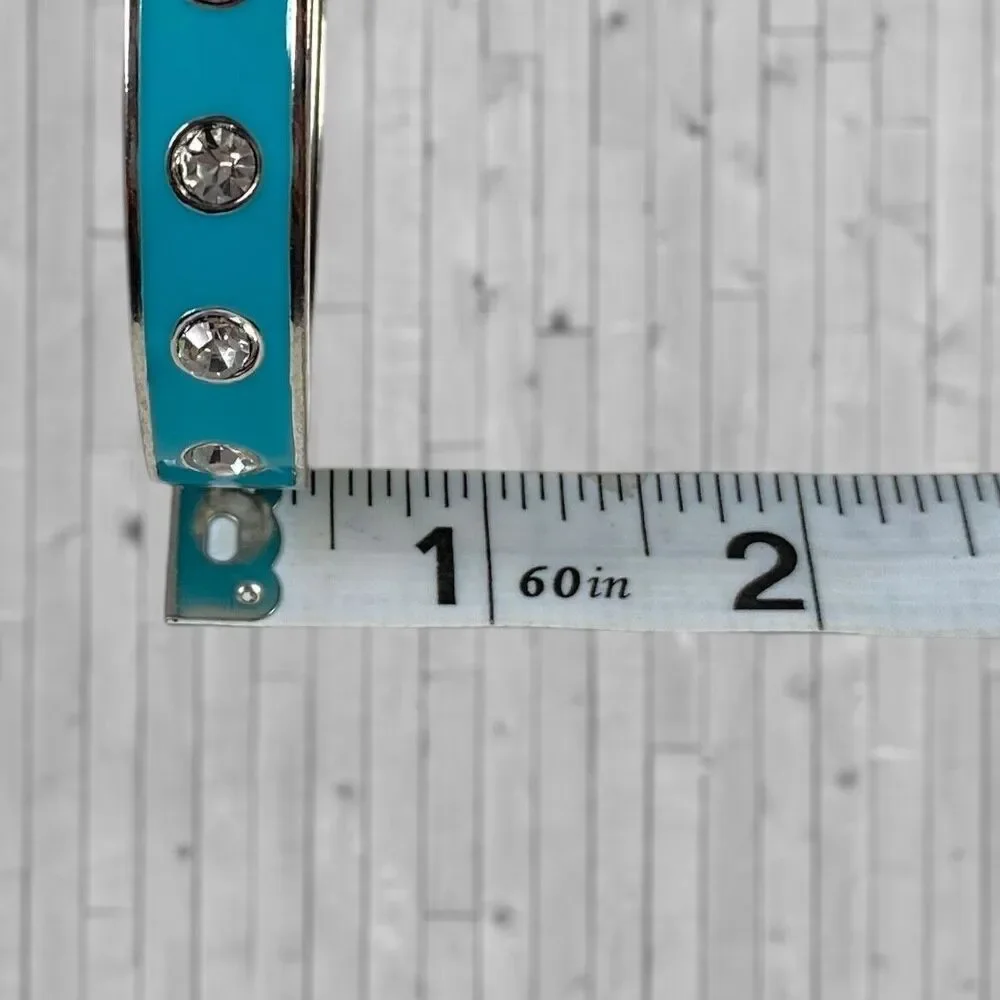 Vintage Enamel Rhinestone Studded Bracelet Turquoise Blue Hinged Bangle Clamper